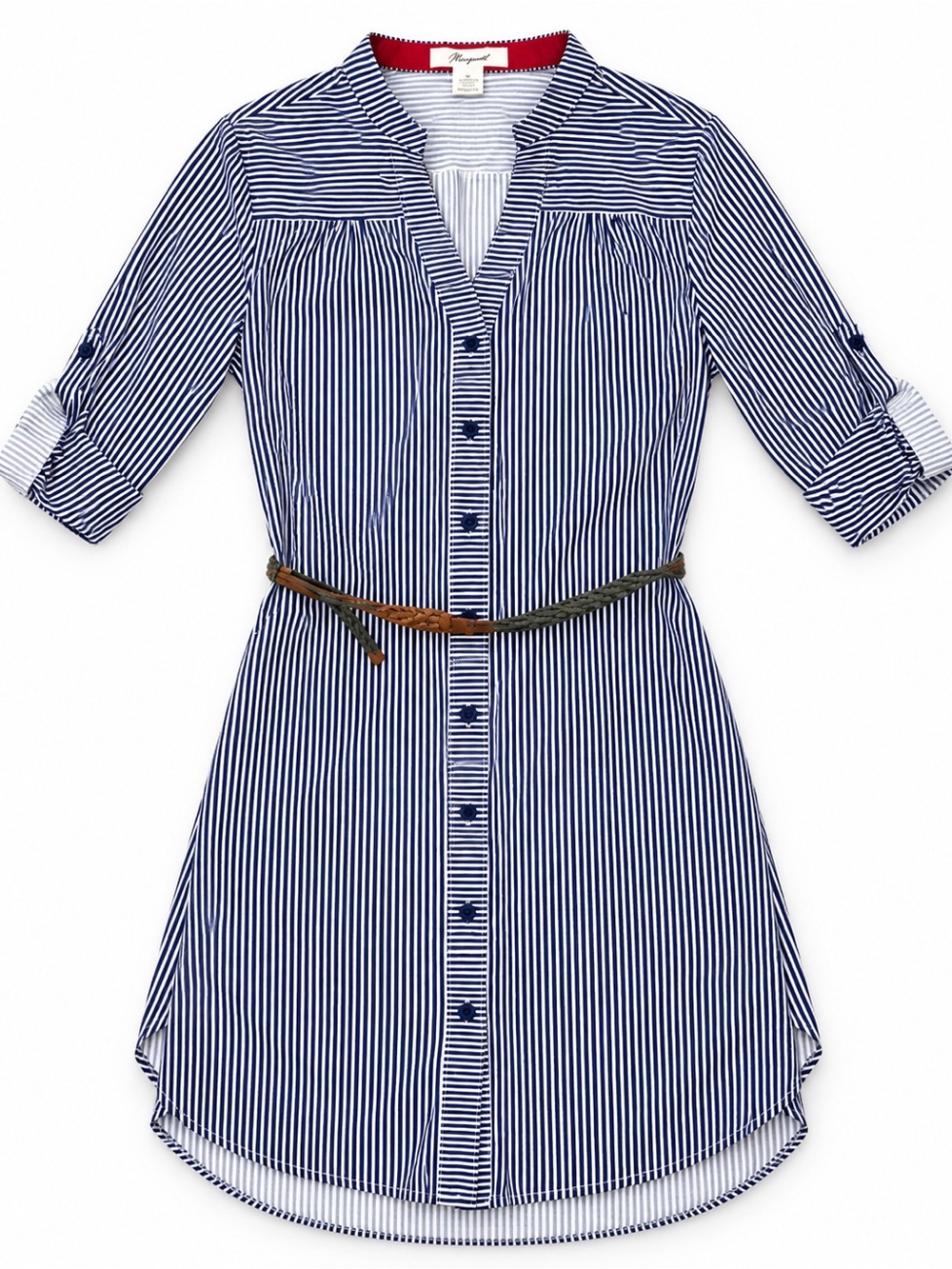 Passport Navy and White Striped Long-Sleeve Shirt Dress with Belt
